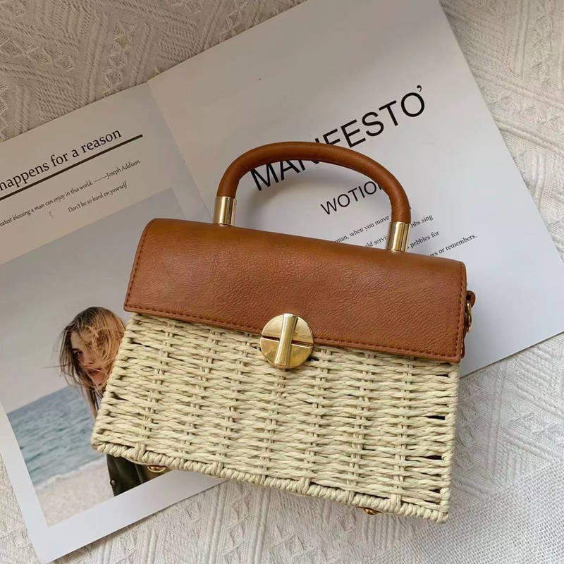 Retro pleteni kvadratna torba od slame, svestrana modna torba za plažu s naramenicom