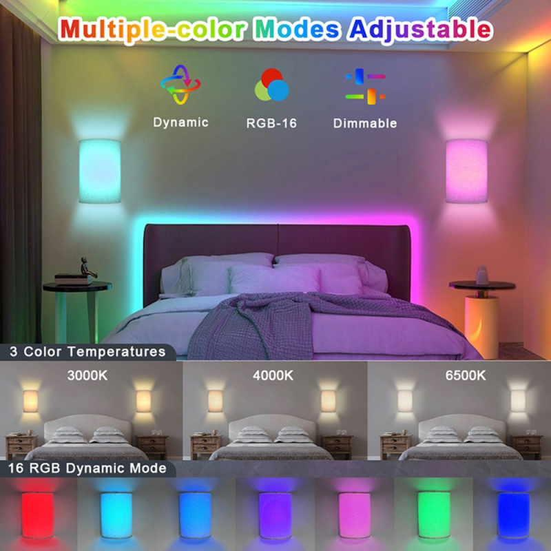 Lampă de perete pentru dormitor, cu baterie, RGB, trei temperaturi de culoare, fără cablu