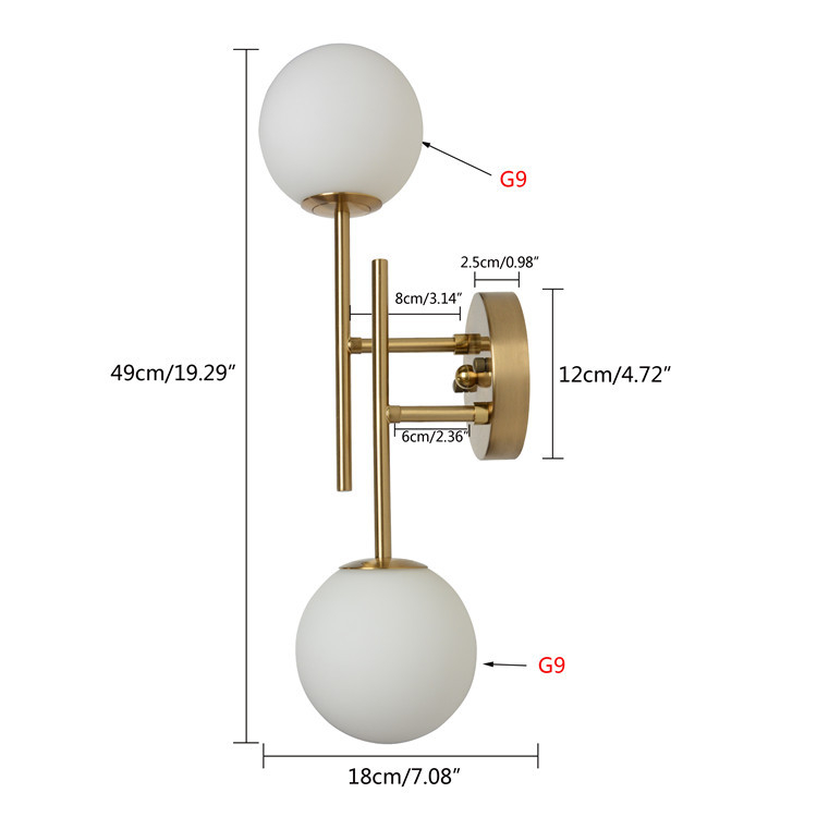 Lampa de perete crem în cu glob de sticlă, brațe duble și capete duble, design modern minimalist pentru dormitor, hol și birou