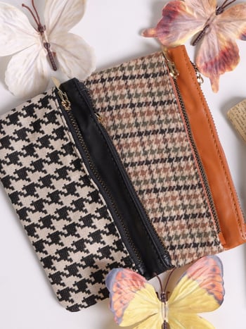 Portofel lung cu fermoar dublu, în stil Houndstooth retro, pentru depozitare telefon, capacitate mare, unisex