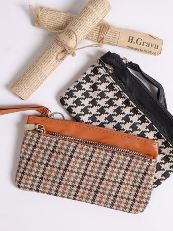 Portofel lung cu fermoar dublu, în stil Houndstooth retro, pentru depozitare telefon, capacitate mare, unisex