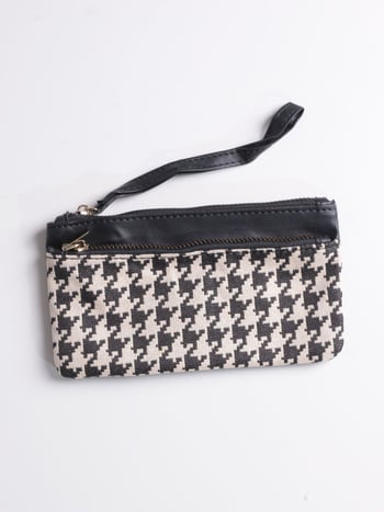 Portofel lung cu fermoar dublu, în stil Houndstooth retro, pentru depozitare telefon, capacitate mare, unisex