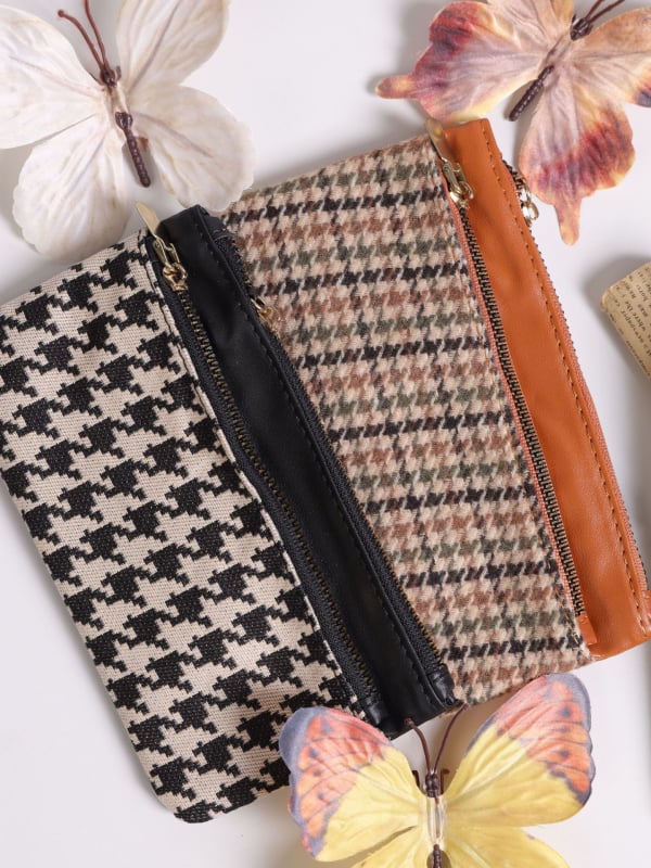 Portofel lung cu fermoar dublu, în stil Houndstooth retro, pentru depozitare telefon, capacitate mare, unisex