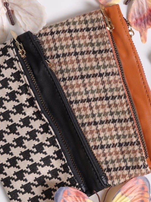 Portofel lung cu fermoar dublu, în stil Houndstooth retro, pentru depozitare telefon, capacitate mare, unisex