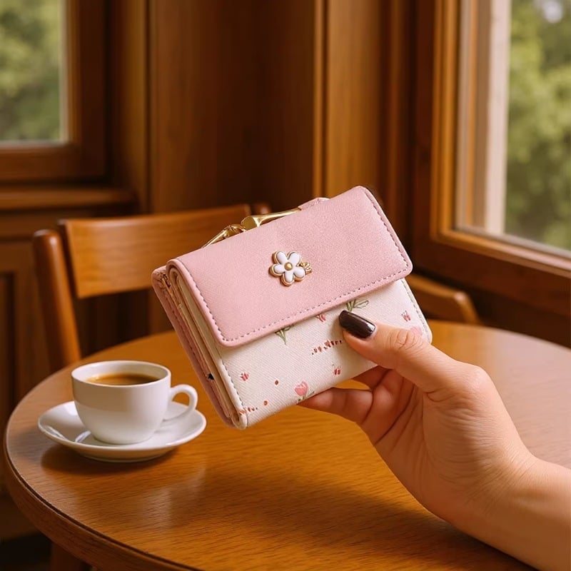 Portofel mic pentru femei, stil coreean, tri-fold, compact și elegant, suport pentru carduri