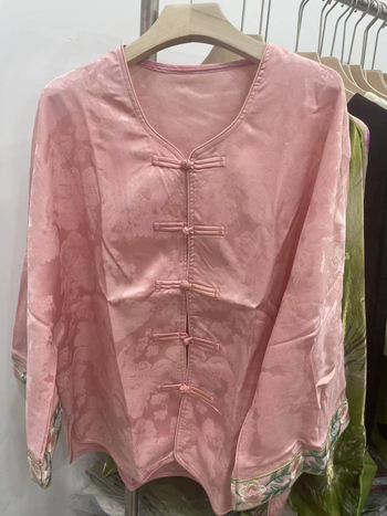 Top cu mânecă lungă, stil chinezesc, jacquard din fibre de rayon, guler rotund, nasturi tip frog, croială casual scurtă