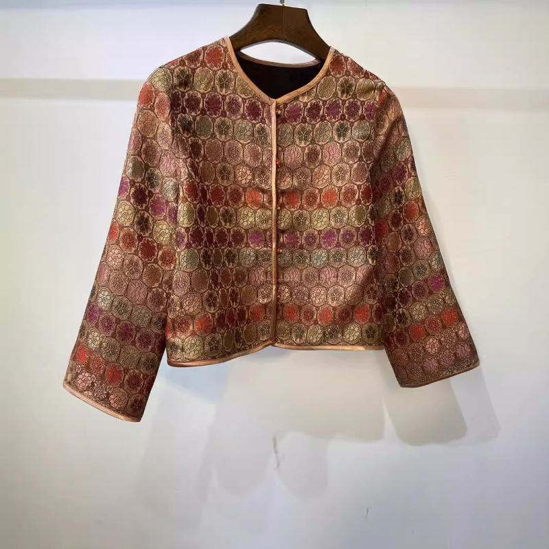 Jachetă-cardigan din mătase cu brocart floral, pentru femei, toamna 2025, mâneci lungi, croială lejeră, guler contrastant, stil vintage elegant