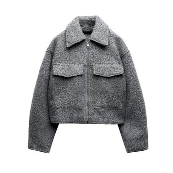 BM&MD&ZA Toamna 2023 Jachetă scurtă pentru femei din poliester, cu guler revers, mâneci lungi și buzunare mari