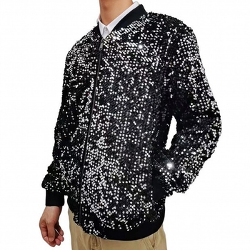 Jachetă bărbătească cu paiete pentru scenă, stil european-american, guler înalt, fermoar frontal, mâneci lungi, broderie, lungime obișnuită, îmbrăcăminte de exterior