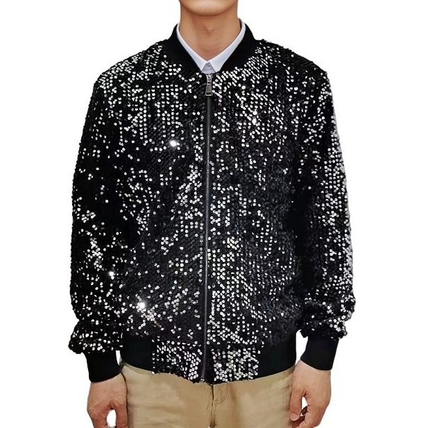 Jachetă bărbătească cu paiete pentru scenă, stil european-american, guler înalt, fermoar frontal, mâneci lungi, broderie, lungime obișnuită, îmbrăcăminte de exterior