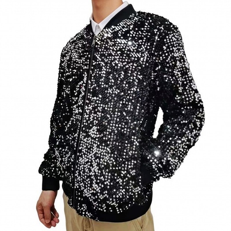 Jachetă bărbătească cu paiete pentru scenă, stil european-american, guler înalt, fermoar frontal, mâneci lungi, broderie, lungime obișnuită, îmbrăcăminte de exterior