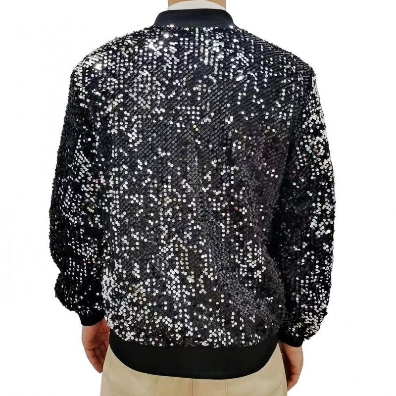 Jachetă bărbătească cu paiete pentru scenă, stil european-american, guler înalt, fermoar frontal, mâneci lungi, broderie, lungime obișnuită, îmbrăcăminte de exterior