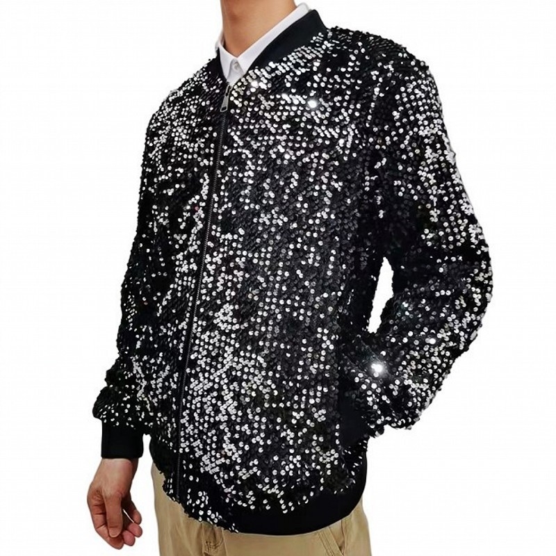 Jachetă bărbătească cu paiete pentru scenă, stil european-american, guler înalt, fermoar frontal, mâneci lungi, broderie, lungime obișnuită, îmbrăcăminte de exterior