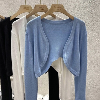 Cardigan subțire tricotat pentru femei, cu șal de protecție solară, strat exterior alb scurt și top din ice silk