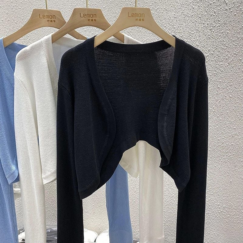 Cardigan subțire tricotat pentru femei, cu șal de protecție solară, strat exterior alb scurt și top din ice silk