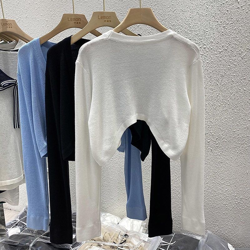 Cardigan subțire tricotat pentru femei, cu șal de protecție solară, strat exterior alb scurt și top din ice silk