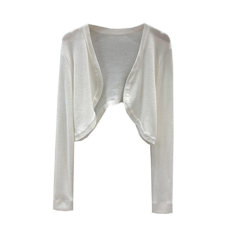 Cardigan subțire tricotat pentru femei, cu șal de protecție solară, strat exterior alb scurt și top din ice silk