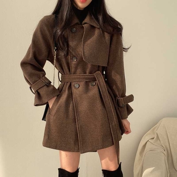 Palton de lână pentru femei cu curea, stil retro coreean, toamnă–iarna, casual