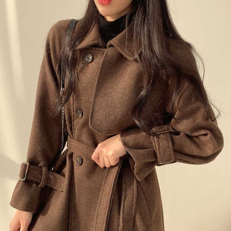 Palton de lână pentru femei cu curea, stil retro coreean, toamnă–iarna, casual
