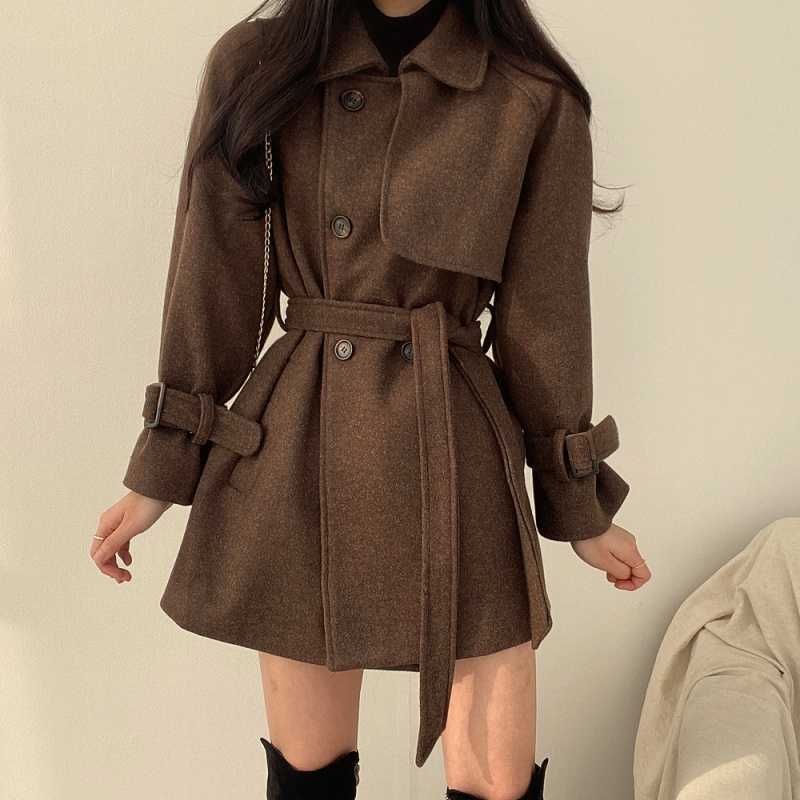 Palton de lână pentru femei cu curea, stil retro coreean, toamnă–iarna, casual