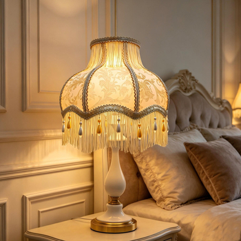 Žakárové tienidlo na lampu v retro európskom štýle v bielej farbe s dvojvrstvovými béžovými strapcami a perlovým príveskom; univerzálny doplnok; neobsahuje základňu lampy