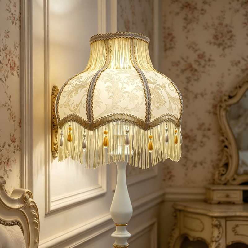 Žakárové tienidlo na lampu v retro európskom štýle v bielej farbe s dvojvrstvovými béžovými strapcami a perlovým príveskom; univerzálny doplnok; neobsahuje základňu lampy