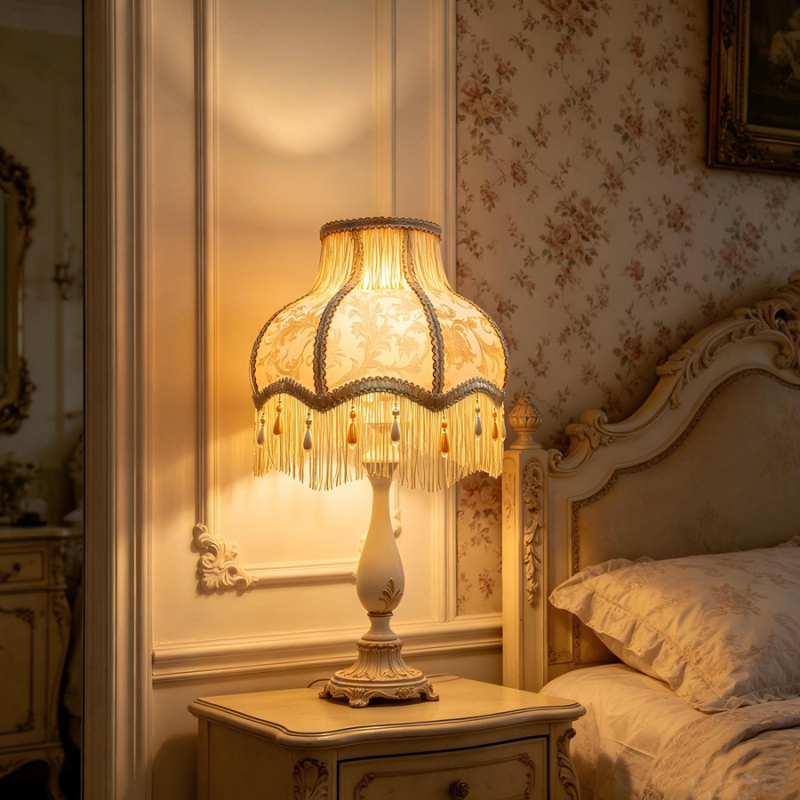 Žakárové tienidlo na lampu v retro európskom štýle v bielej farbe s dvojvrstvovými béžovými strapcami a perlovým príveskom; univerzálny doplnok; neobsahuje základňu lampy