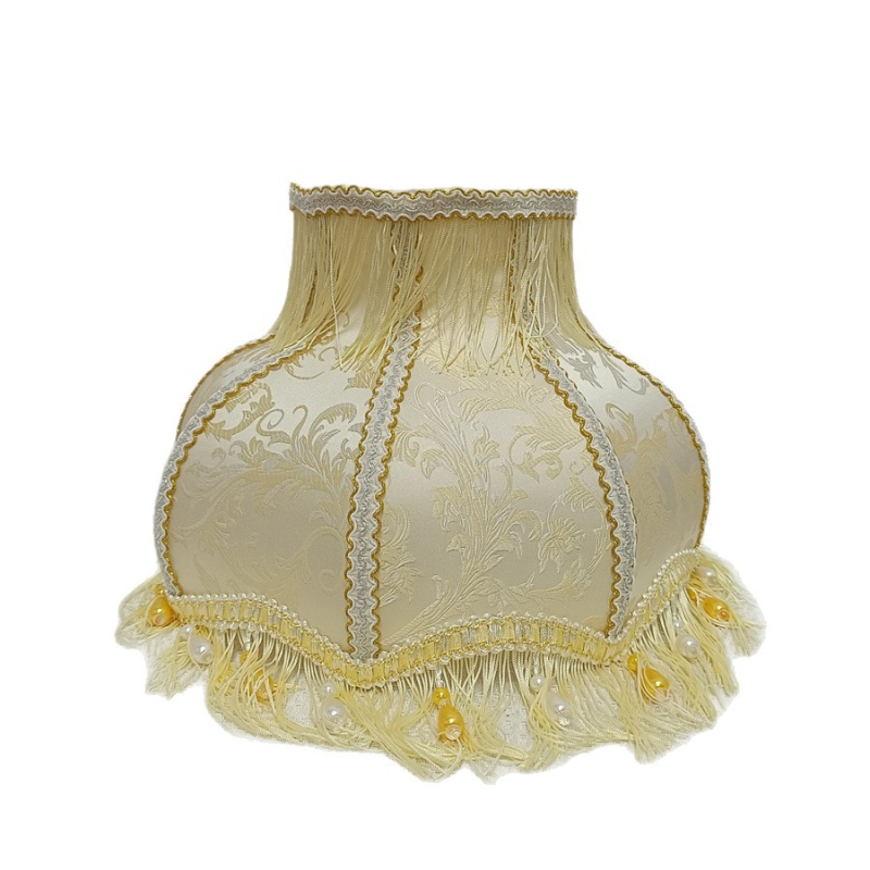 Žakárové tienidlo na lampu v retro európskom štýle v bielej farbe s dvojvrstvovými béžovými strapcami a perlovým príveskom; univerzálny doplnok; neobsahuje základňu lampy