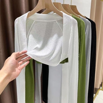 Cardigan-vestă tricotată din mătase de gheață verde, pentru femei, strat exterior de vară cu protecție solară