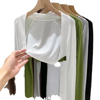 Cardigan-vestă tricotată din mătase de gheață verde, pentru femei, strat exterior de vară cu protecție solară
