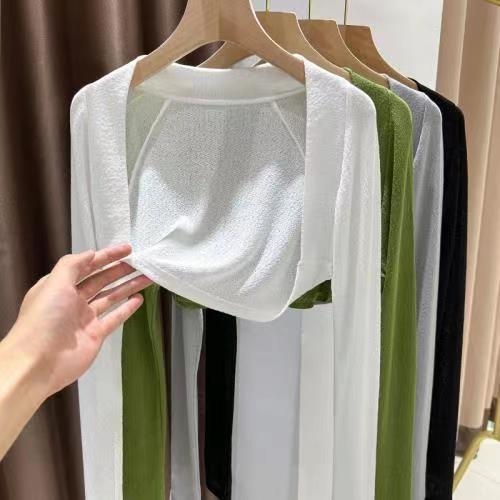 Cardigan-vestă tricotată din mătase de gheață verde, pentru femei, strat exterior de vară cu protecție solară