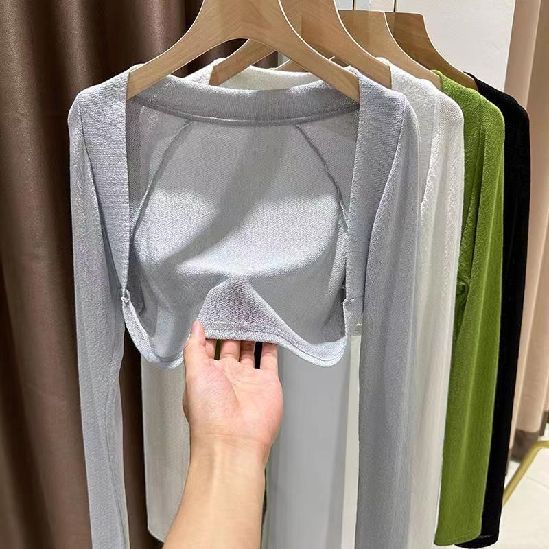 Cardigan-vestă tricotată din mătase de gheață verde, pentru femei, strat exterior de vară cu protecție solară