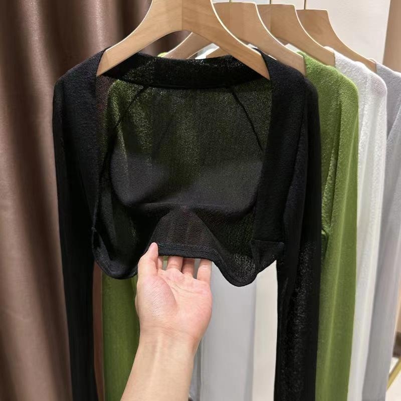 Cardigan-vestă tricotată din mătase de gheață verde, pentru femei, strat exterior de vară cu protecție solară