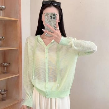 Siva poluprozirna pleteni kardigan s kapuljačom za žene, dugi rukavi, lagan, proljeće 2026, kratka majica