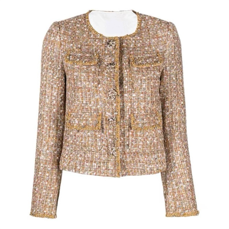 Jachetă scurtă din tweed cu paiete aurii, guler rotund, mâneci lungi, croială dreaptă, toamnă/iarnă 2025