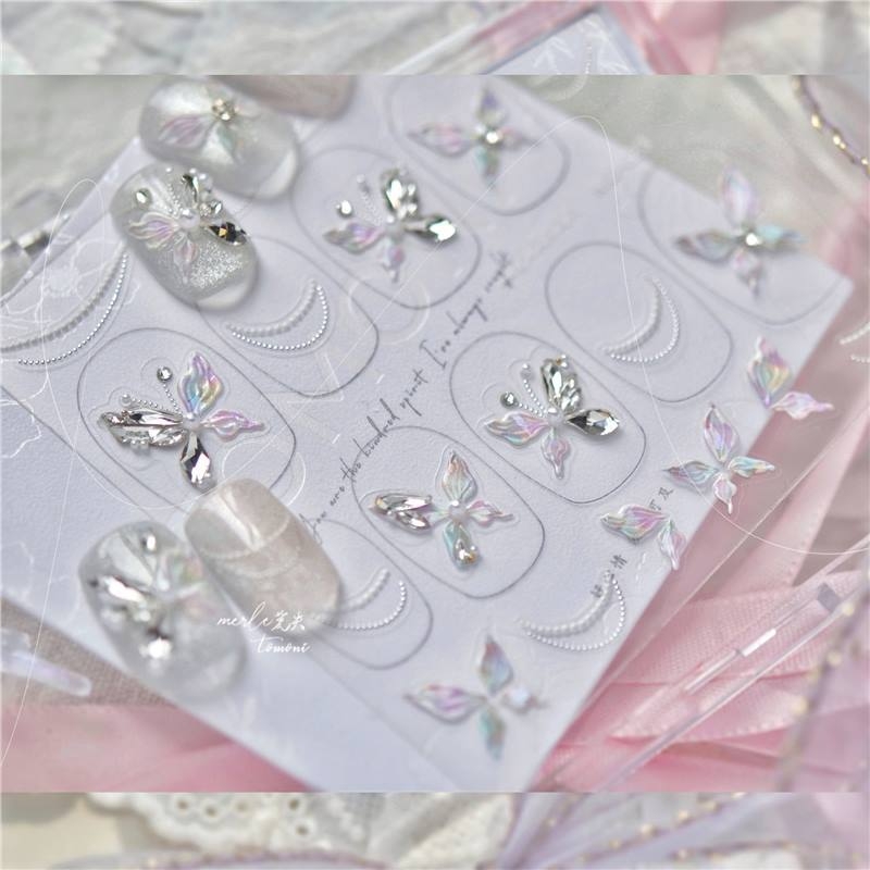 Elegáns pillangó körömdíszítő matrica, 3D-relief rhinestone díszítéssel, francia manikűr stílushoz