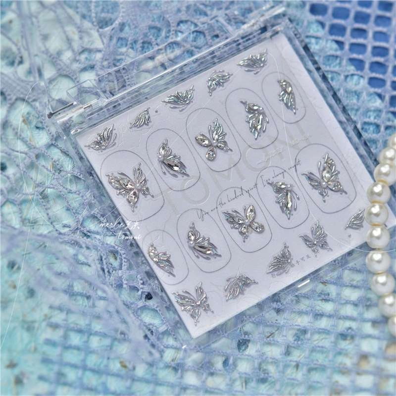 Elegáns pillangó körömdíszítő matrica, 3D-relief rhinestone díszítéssel, francia manikűr stílushoz