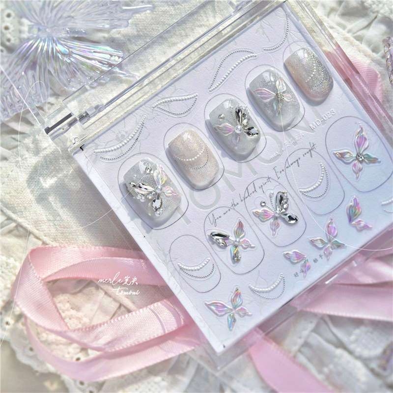 Elegáns pillangó körömdíszítő matrica, 3D-relief rhinestone díszítéssel, francia manikűr stílushoz