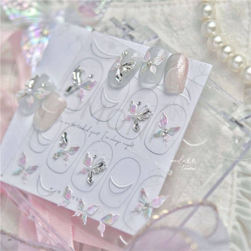 Elegáns pillangó körömdíszítő matrica, 3D-relief rhinestone díszítéssel, francia manikűr stílushoz