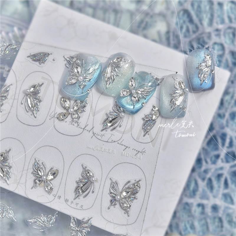 Elegáns pillangó körömdíszítő matrica, 3D-relief rhinestone díszítéssel, francia manikűr stílushoz