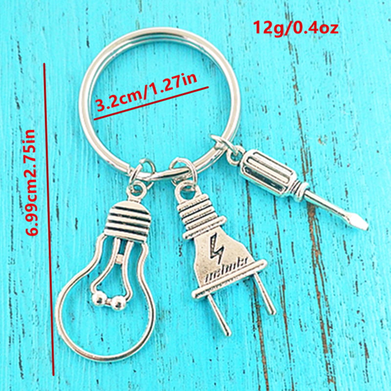 Pandantiv cheie din aliaj de zinc cu pandantive șurubelniță și priză pentru bec – cadou pentru electrician și accesoriu pentru geantă