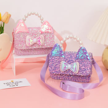Geantă crossbody pentru fete, cu temă de pisică, perle, paiete și patch-uri personalizabile