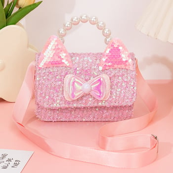 Geantă crossbody pentru fete, cu temă de pisică, perle, paiete și patch-uri personalizabile