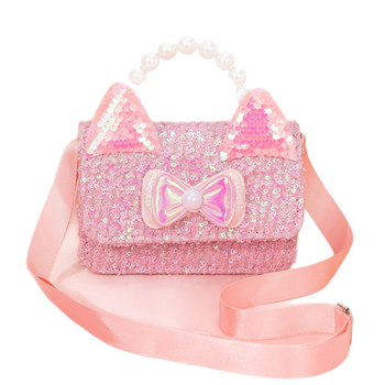 Geantă crossbody pentru fete, cu temă de pisică, perle, paiete și patch-uri personalizabile