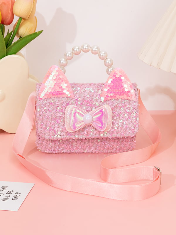 Geantă crossbody pentru fete, cu temă de pisică, perle, paiete și patch-uri personalizabile