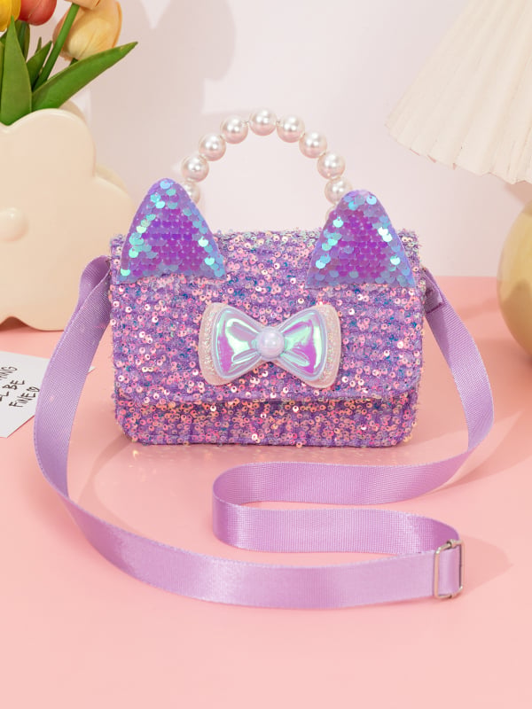 Geantă crossbody pentru fete, cu temă de pisică, perle, paiete și patch-uri personalizabile