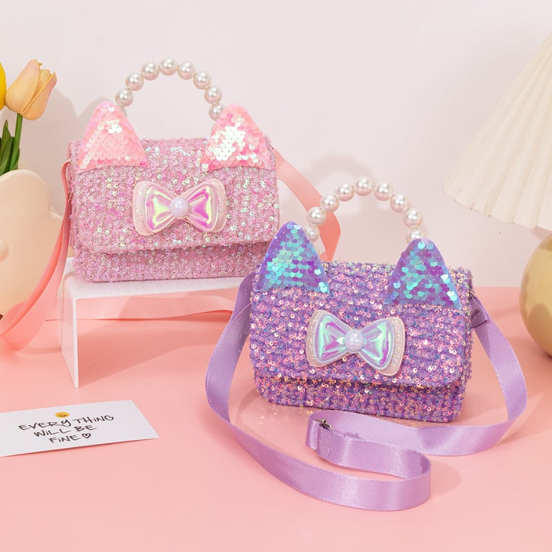 Geantă crossbody pentru fete, cu temă de pisică, perle, paiete și patch-uri personalizabile