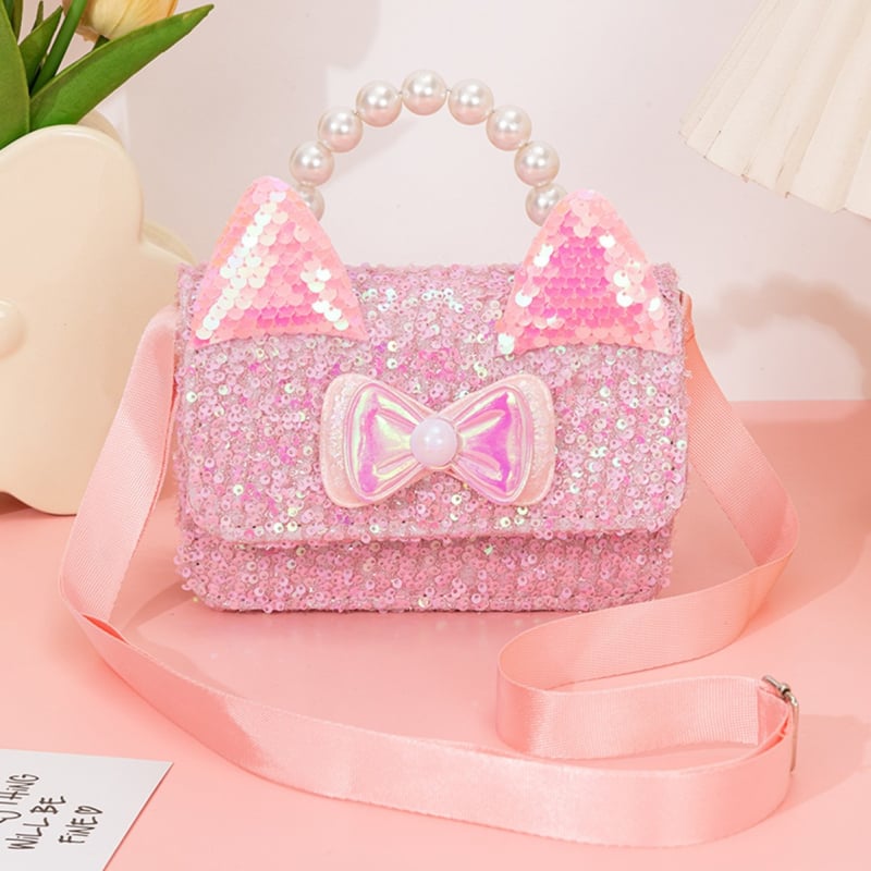 Geantă crossbody pentru fete, cu temă de pisică, perle, paiete și patch-uri personalizabile
