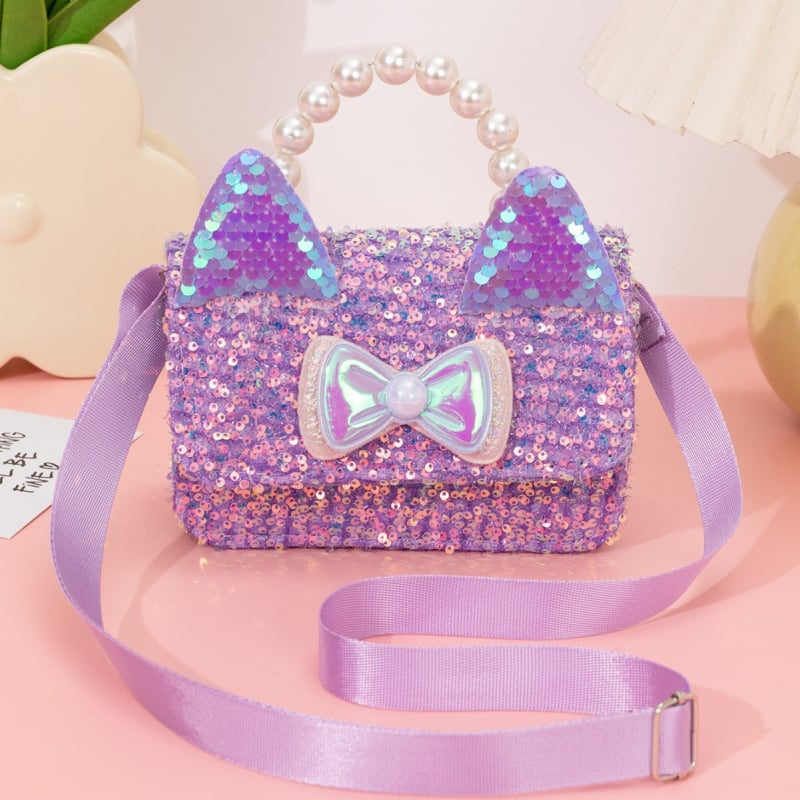 Geantă crossbody pentru fete, cu temă de pisică, perle, paiete și patch-uri personalizabile