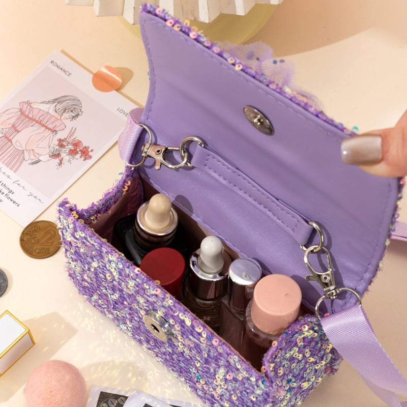 Geantă crossbody pentru fete, cu temă de pisică, perle, paiete și patch-uri personalizabile